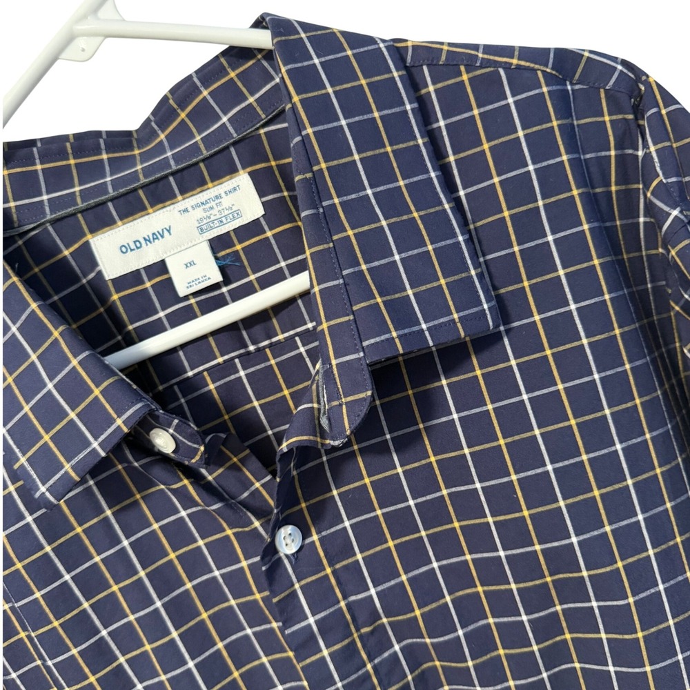Old Navy Button Down Men XXL‎ Navy Yellow Plaid Slim Flex